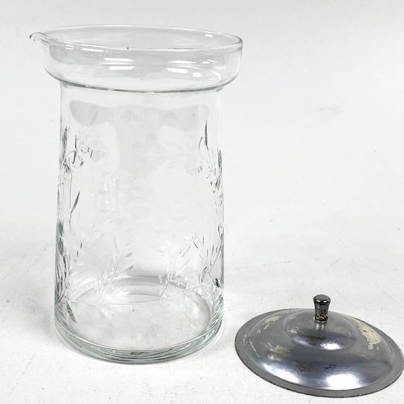 Depression Clear Glass Creamer with Metal Lid Etched Floral Vine - Picture 4 of 11